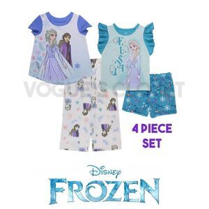 NEW! DISNEY Frozen Kids' 4PC Cozy PJ Set- 2 SS Tops, 1 Pant, 1 Fleece Shorts